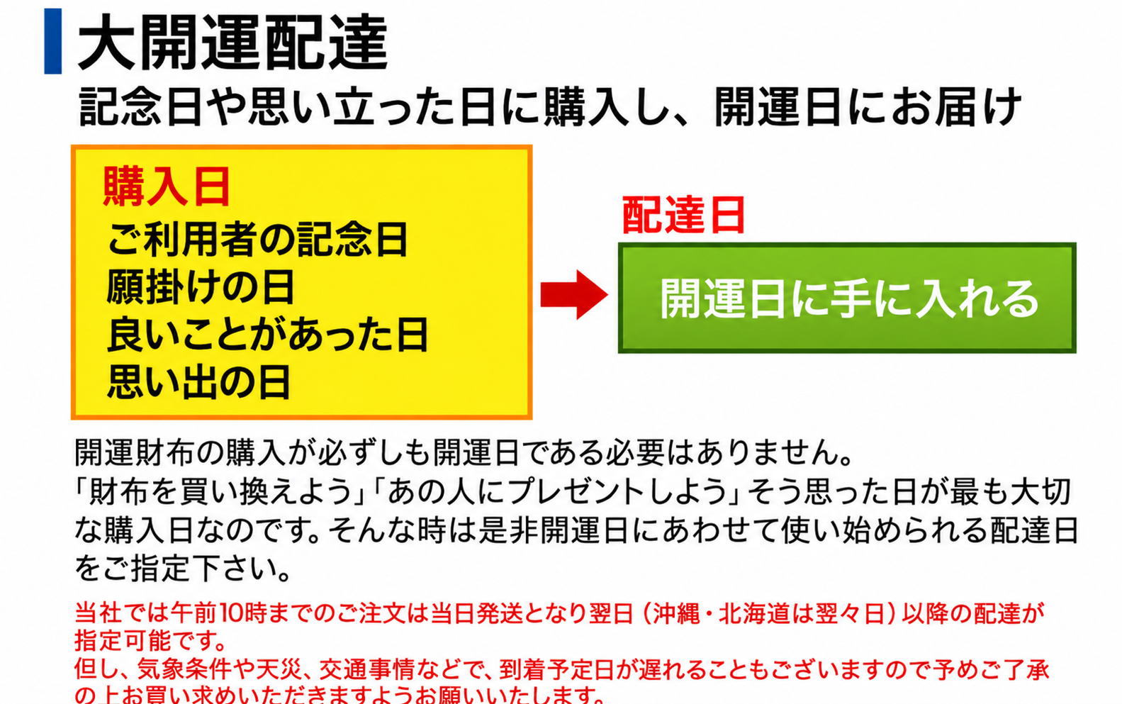 開運日に財布を受け取る大開運配達のご案内